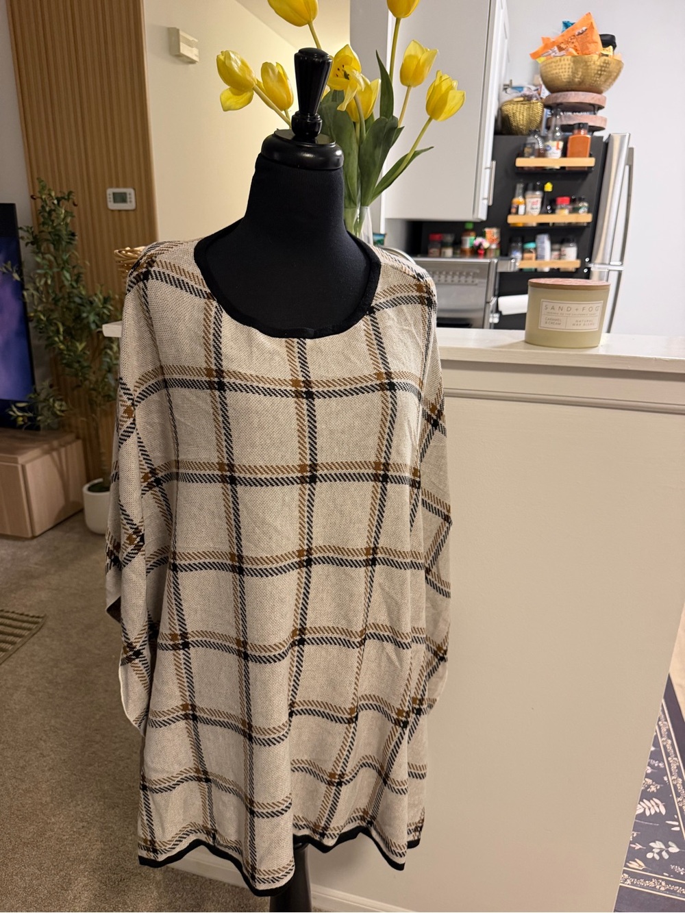 Ann Taylor Cream Plaid Scoop Neck Sweater with Black & Brown Windowpane